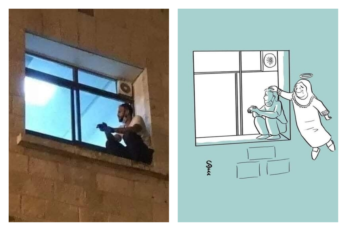 ▲巴勒斯坦一位男子，每天爬牆坐在醫院窗外，探視確診新冠肺炎的高齡母親。但男子母親仍在日前不幸過世，讓人心酸。（圖／翻攝自推特@mhdksafa）