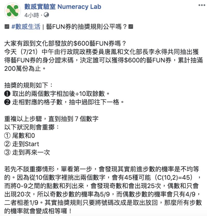 ▲數感實驗室說明藝FUN券抽獎規則。（圖／翻攝自數感實驗室臉書粉專）