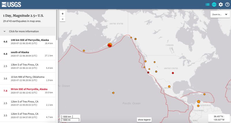 ▲美國地質調查局7/22下午偵測到的地震。（圖／翻攝自