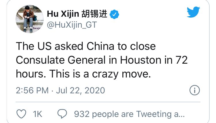 ▲《環球時報》總編輯胡錫進推特發文,稱美方要求中國「72小時內關閉駐休士頓領事館」。(圖/翻攝胡錫進推特)