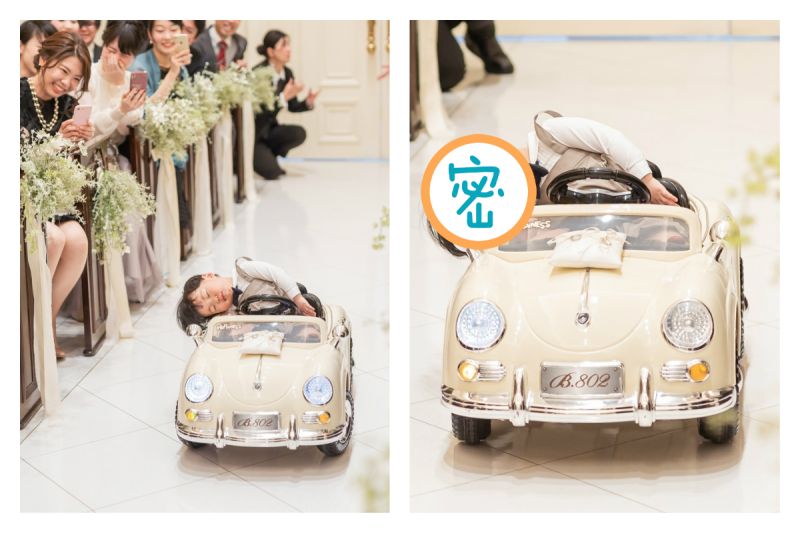 ▲日本一場婚禮上，一位坐電動車入場的小花童完全睡死，讓網友笑翻。（圖／翻攝自@Masuda_H的推特）