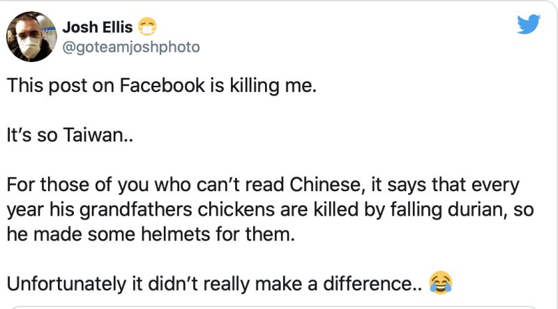 ▲加拿大推特網友轉貼這則臉書,寫道,「這則臉書貼文真的太好笑,有夠台灣」(圖|翻攝自推特)