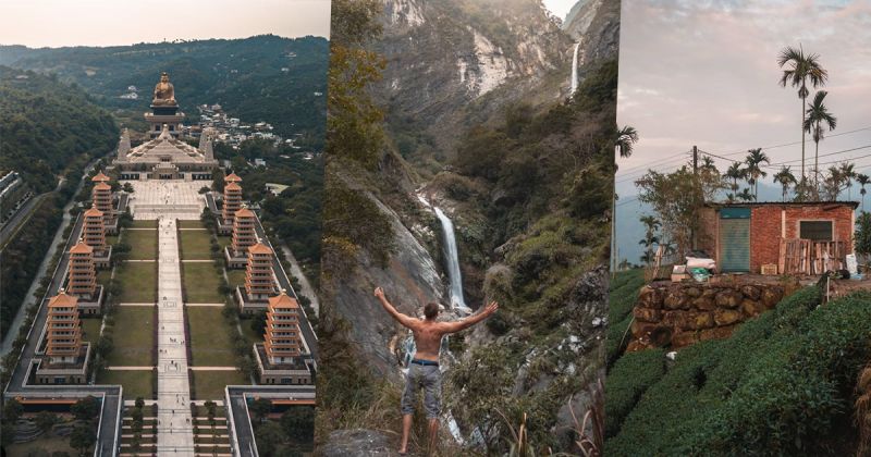 ▲拼圖,由左到右分別在佛光山、太魯閣國家公園、台灣中部某個茶園。(圖|Pierre提供)