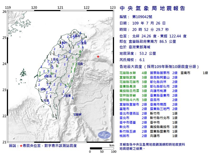 ▲氣象局發布今(26)晚間8點52的地震調查報告。(圖/擷取自中央氣象局)
