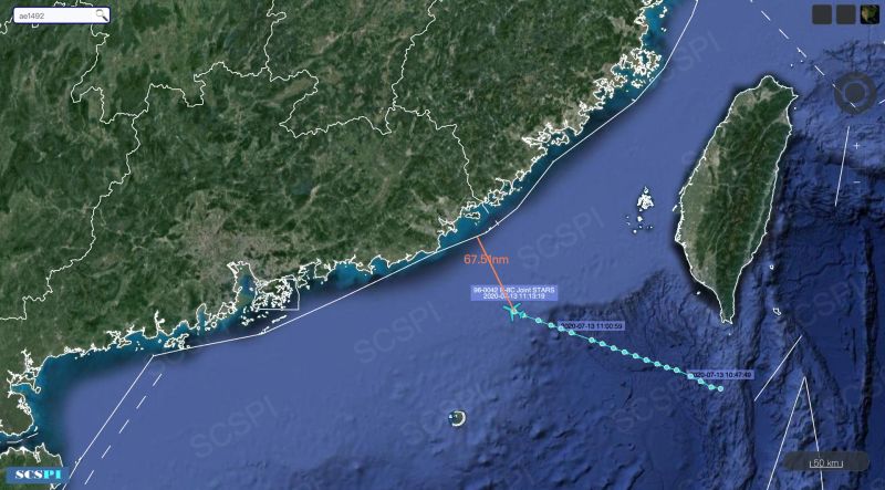 ▲7月13日，美軍E-8C「聯合之星」指揮機從飛越巴士海峽，逼近廣東沿海。（圖／SCS推特）