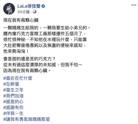 ▲▼徐佳瑩透露懷孕,寶寶是男生。(圖/徐佳瑩臉書)