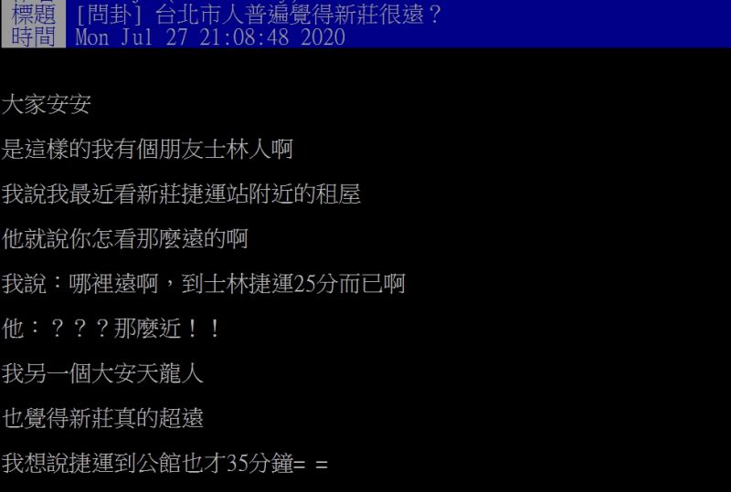 ▲網友覺得以搭捷運來說，其實新莊到台北市很快。（圖／翻攝自PTT