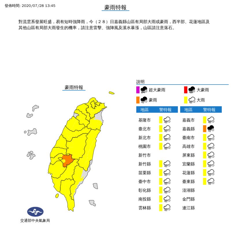 ▲氣象局發布全台18縣市大雨特報。(圖/中央氣象局提供)