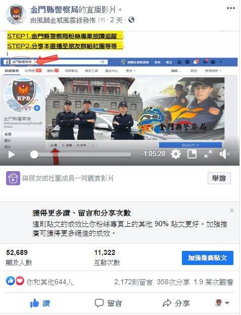 ▲金門用時下最夯的直播方式宣導「婦安」,短短1小時吸引1萬人次粉絲流覽觀看。(圖/金門縣警察局提供)