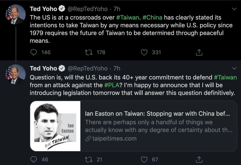 ▲美國聯邦眾議員約霍在推特預告將提出「防止台灣遭侵略法案」(