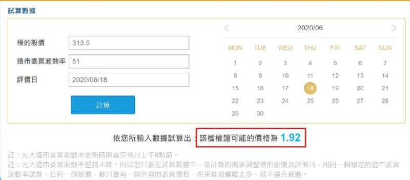 ▲利用元大權證「隱波不降大公開」專頁提供的試算器,就能得出該檔權證的合理價格。(圖/資料照片)