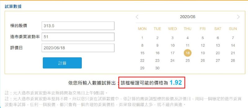 ▲利用元大權證「隱波不降大公開」專頁提供的試算器，就能得出該檔權證的合理價格。（圖／資料照片）