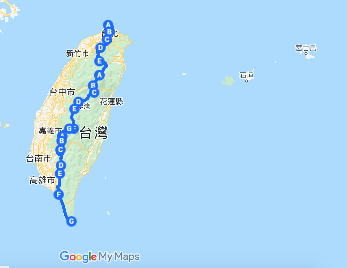 ▲有網友分享台灣「切西瓜」路線，直貫南北挑戰另類環島。（圖／翻攝自Google Map）