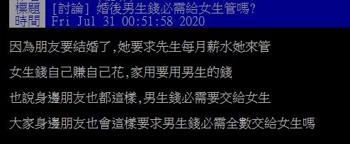 ▲網友在PTT討論婚後男生的薪水必須給女生管嗎。（圖／翻攝自PTT）