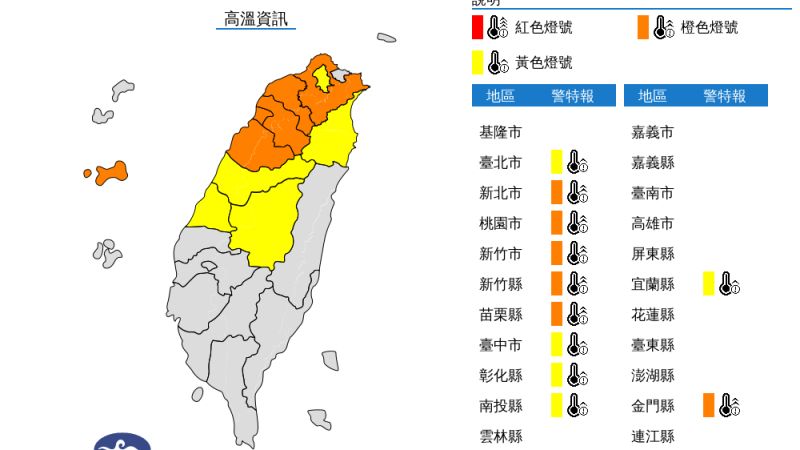 ▲中央氣象局今日針對金門縣等11縣市發布高溫資訊。(圖/中央氣象局提供)