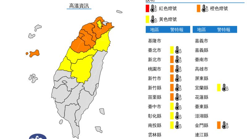 ▲中央氣象局今日針對金門縣等11縣市發布高溫資訊。（圖／中央氣象局提供）