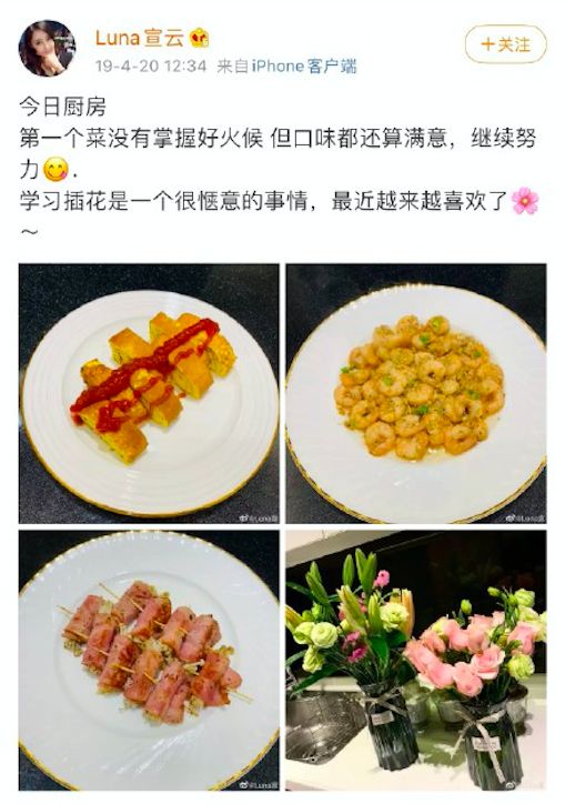 ▲Luna曾貼出廚藝照,沒想到被網友發現疑似盜圖。(圖/翻攝自微博)