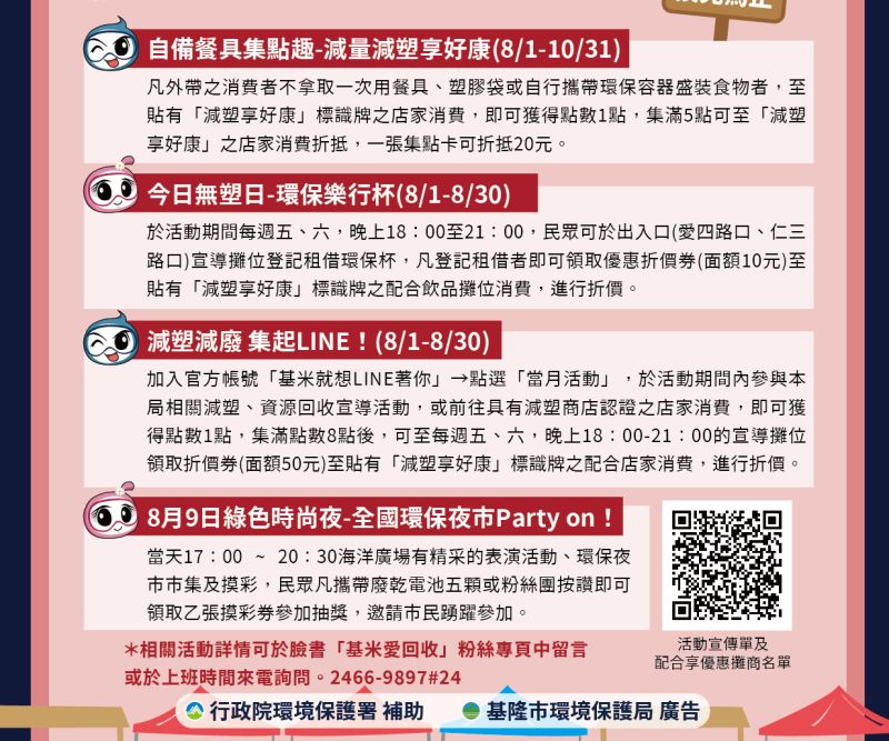 ▲8月1日起民眾至基隆廟口夜市自備環保餐具或不索取一次用餐具，可獲得1點集點貼紙，集滿5點可享20元現金折價優惠。（圖／基隆市環保局提供）