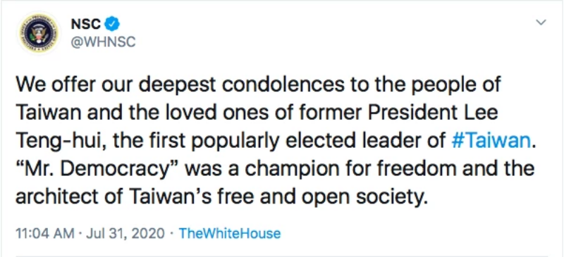  ▲白宮國安會推特悼念前總統李登輝逝世。（圖／翻攝自白宮國安會推特）