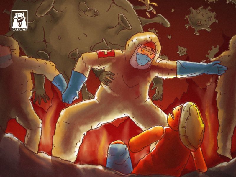 ▲菲律賓插畫家描繪醫護人員以生命對抗病毒。（圖／翻攝自臉書The