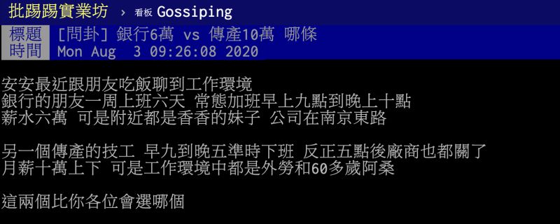 ▲有網友在PTT八卦版提到,若是月薪銀行6萬元和傳產10萬元該如何選擇?貼文立刻引發熱議,網友們答案竟一面倒。(圖/翻攝自PTT)
