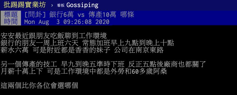 ▲有網友在PTT八卦版提到，若是月薪銀行6萬元和傳產10萬元該如何選擇？貼文立刻引發熱議，網友們答案竟一面倒。（圖／翻攝自PTT）