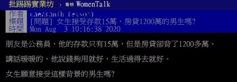 ▲網友以「女生接受存款15萬,房貸1200萬的男生嗎?」為題,在PTT發文詢問。(圖/翻攝自PTT)
