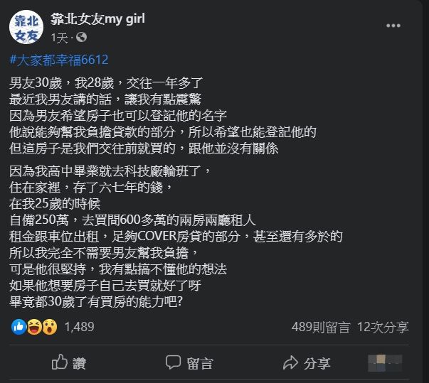 ▲原PO指出,自己男友表示想幫忙一起還房貸,沒想到卻提出要將房子所有登記在男友的名下。(圖/翻攝靠北女友臉書粉專)