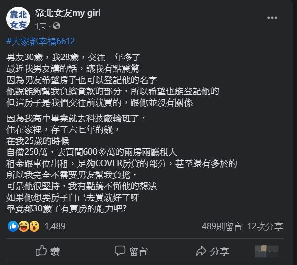 ▲原PO指出，自己男友表示想幫忙一起還房貸，沒想到卻提出要將房子所有登記在男友的名下。（圖／翻攝靠北女友臉書粉專）