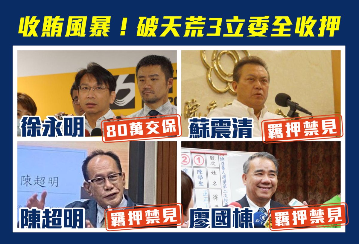 ▲涉入跨黨派受賄案的3名現任立委蘇震清、廖國棟、陳超明遭羈押禁見，時代力量黨主席徐永明則以80萬元交保。（圖／NOWnews資料照）