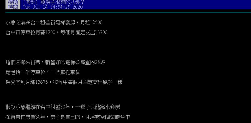 ▲網友分享從台中租屋到苗栗買房的生活與支出變化。(圖/翻攝PTT)