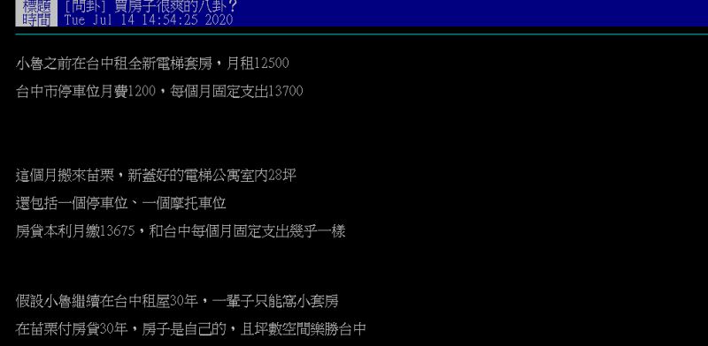 ▲網友分享從台中租屋到苗栗買房的生活與支出變化。（圖／翻攝PTT）