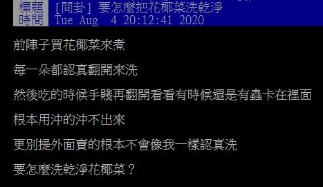 ▲網友在PTT提問「花椰菜怎麼洗乾淨?」菸起討論。(圖/翻攝自PTT)