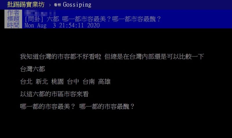 ▲網友好奇台灣六都市容美觀程度的排名。(圖/翻攝自PTT)