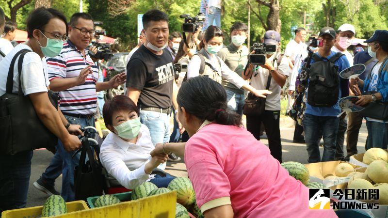 ▲台中市長盧秀燕坐著輪椅陪李眉蓁掃街。(圖/記者鄭婷襄攝,2020.08.09)