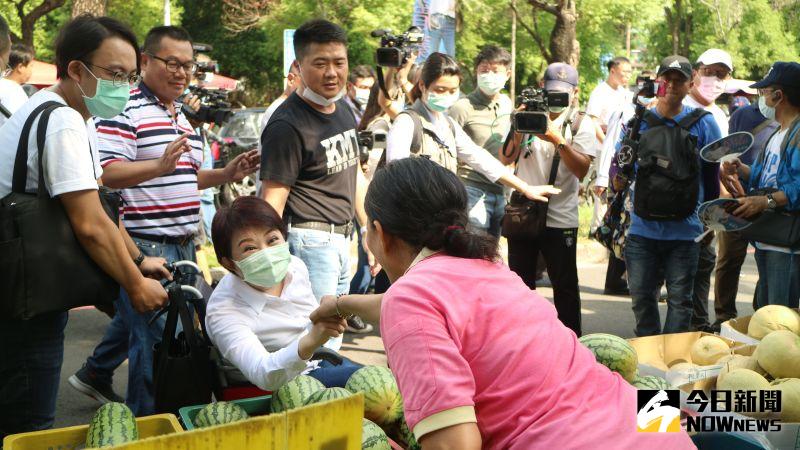 ▲台中市長盧秀燕坐著輪椅陪李眉蓁掃街。（圖／記者鄭婷襄攝，2020.08.09）