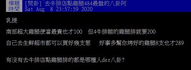 ▲網友在PTT討論「去台式牛排店點雞腿排是不是最盤？」（圖／翻攝自PTT）