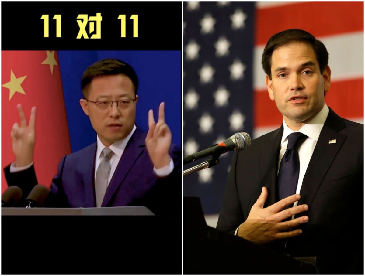 ▲中國外交部趙立堅（左）今日宣佈對11名「涉港問題行為惡劣」的美國官員採取制裁。右為美國參議員盧比歐。（圖／翻攝自微博影片／華盛頓郵報）