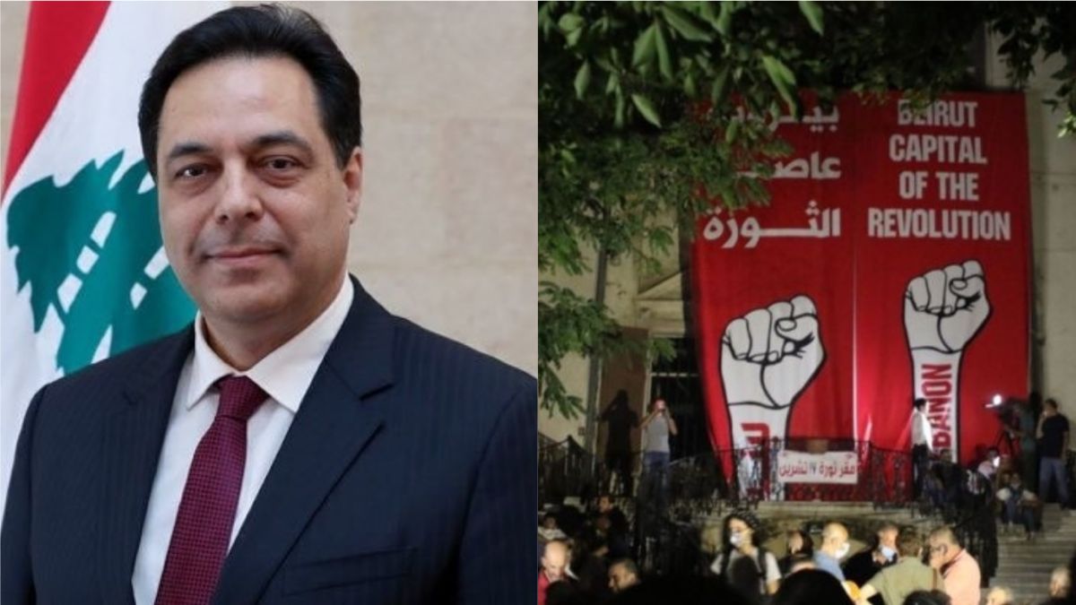 ▲黎巴嫩首都貝魯特4日發生嚴重爆炸，引起民眾上街示威，衛生部長今天也證實總理將代表內閣總辭。（合成圖／左圖翻攝自迪亞布推特；右圖翻攝自半島電視台 ）