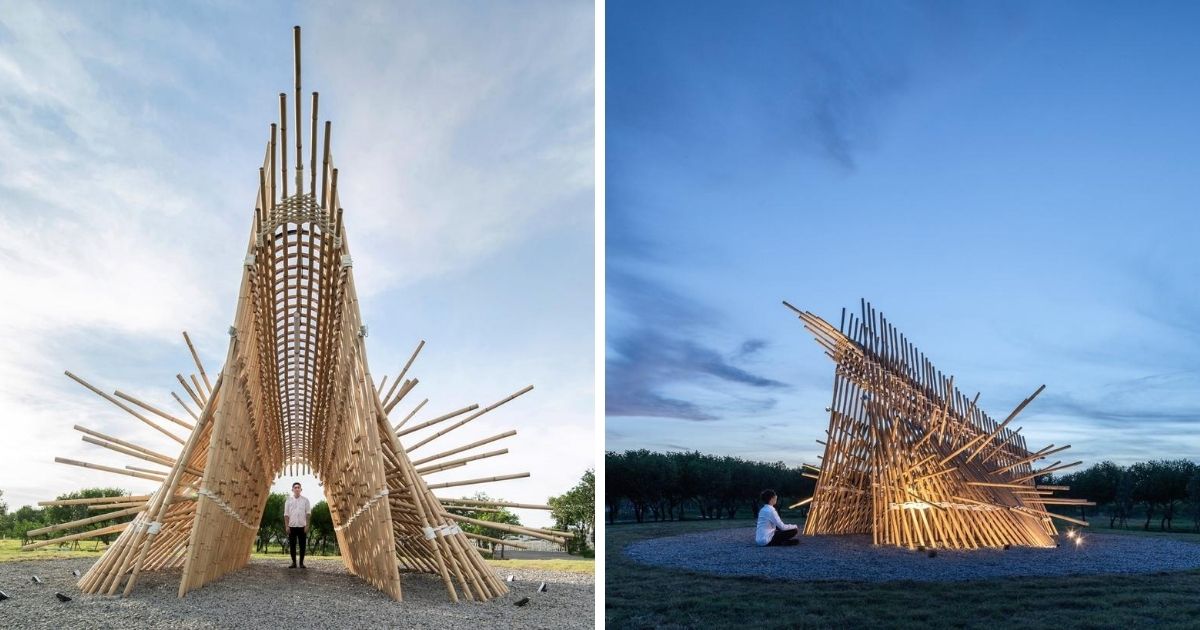 ▲本作品是由竹子、木頭和繩子編織而成，裡頭也裝有LED燈，夜晚忽明忽滅。（圖｜翻攝自范承宗臉書）