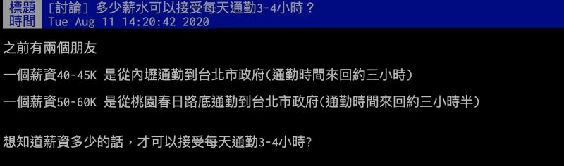 ▲網友討論通勤時間與薪水問題。（圖／翻攝PTT）