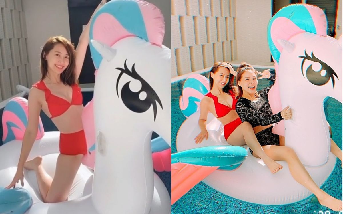 ▲賴薇如（左）清涼同框熊熊（右圖右），喊話要當暴露狂。（圖／賴薇如IG） 