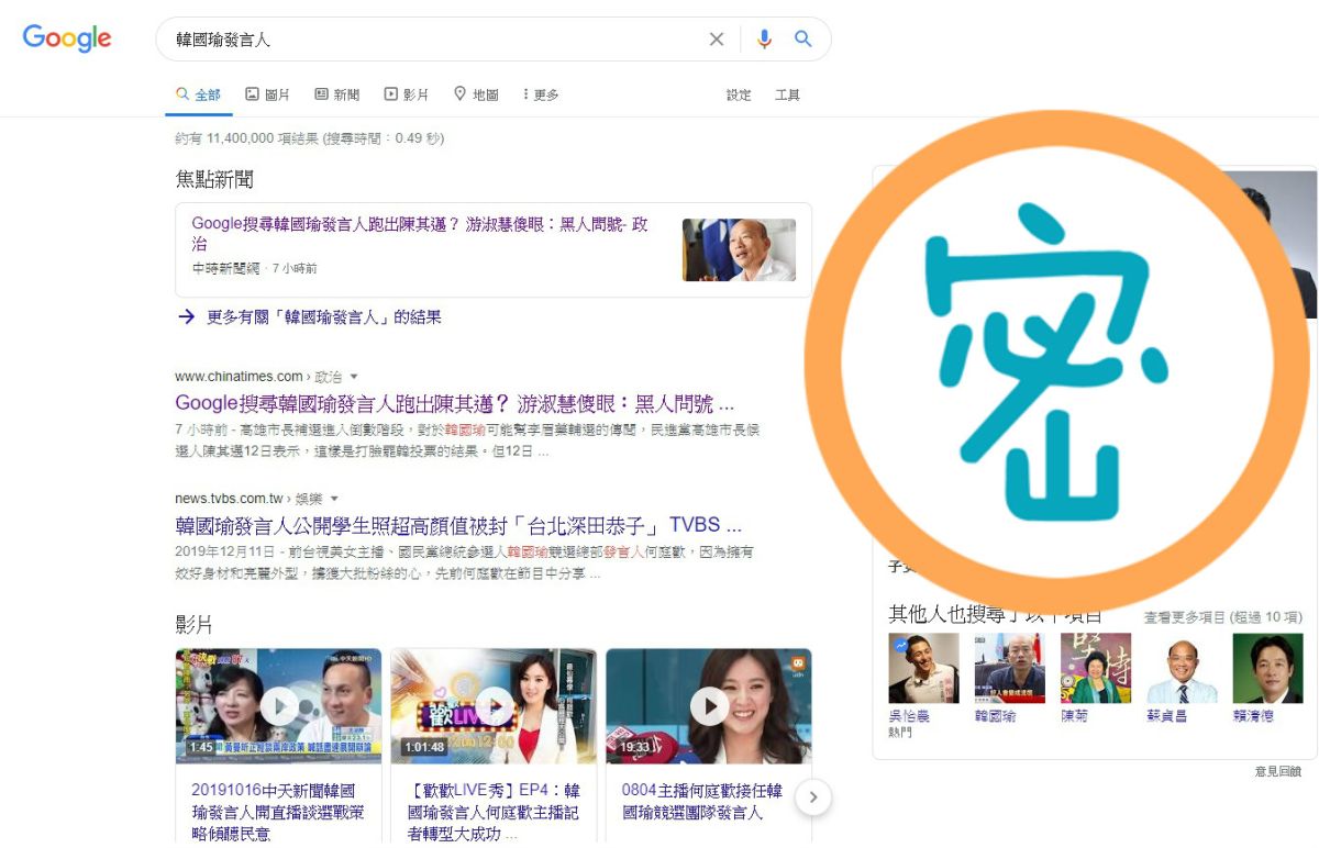 ▲谷歌搜尋「韓國瑜 發言人」竟跑出「陳其邁」個資，這讓台北市議員游淑慧看後超傻眼，直呼「黑人問號」。（圖／翻攝自Google）