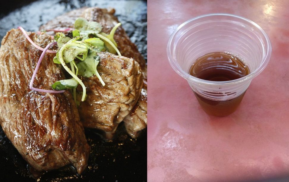 ▲一名網友在PTT八卦版表示，到台北某夜市吃平價牛排，一喝紅茶驚覺味道竟是酸的，不禁疑惑是否為正常現象，貼文立刻引發熱議，意外釣出內行網友揭露「暗黑真相」。（合成圖／翻攝自Pixabay／PTT）