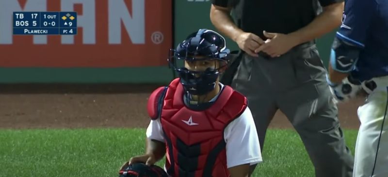 ▲紅襪隊台灣好手林子偉首度上場蹲捕。(圖/取自NESN)