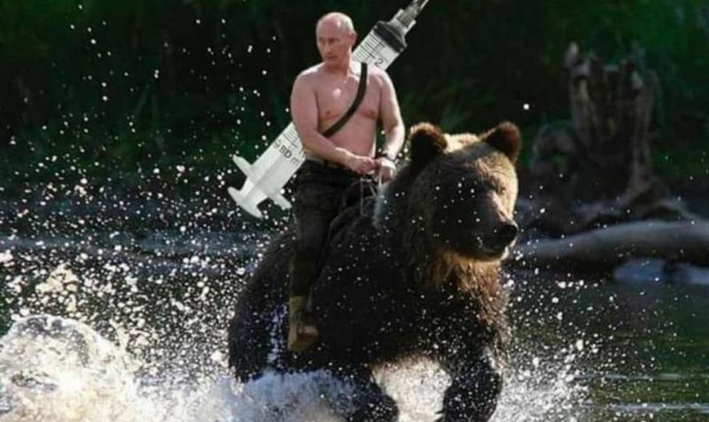 ▲俄羅斯總統普丁在臉書粉專分享了這張「騎熊揹疫苗」的照片，讓網友全笑翻。（圖／翻攝自普丁臉書）