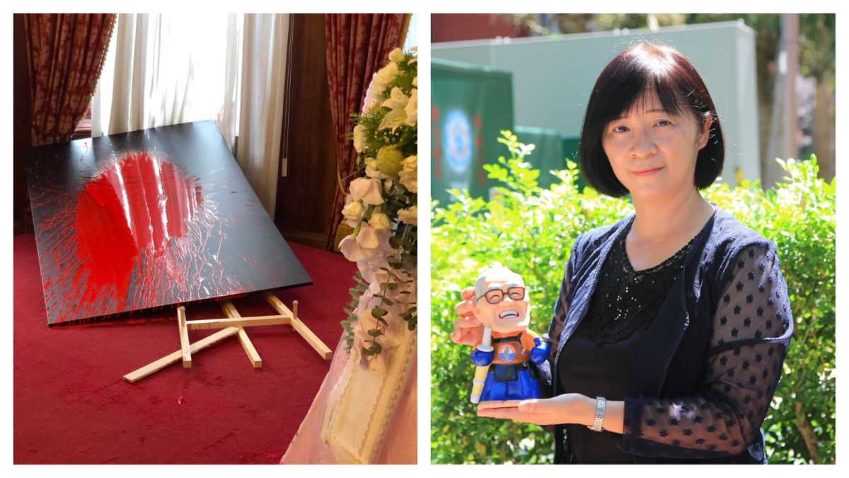 ▲曾掌摑前文化部長鄭麗君的資深藝人鄭惠中今（14）日大鬧台北賓館的李登輝追思會場，向李登輝遺像潑漆，台聯發出聲明譴責。（圖／讀者提供、周倪安臉書）