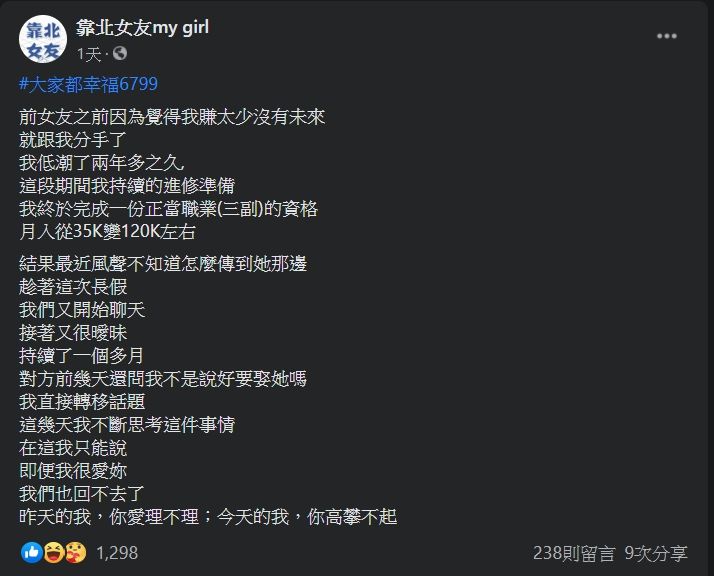 ▲原PO指出,自己2年前因賺太少被女友提分手,然而現在因為跑船的工作,月收從35K變成120K,前女友也因此回頭聯絡他。(圖/翻攝靠北女友臉書粉專)