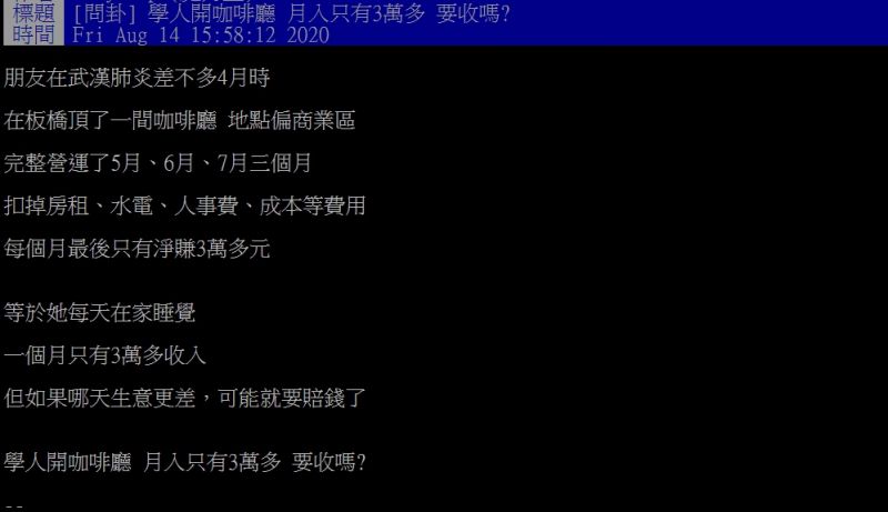 ▲原PO好友近期考慮要將咖啡廳收起來。(圖/翻攝PTT)