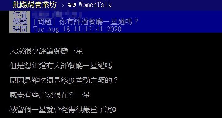 ▲網友以「你有評過餐廳一星過嗎?」為題,在PTT發文。(圖/翻攝自PTT)